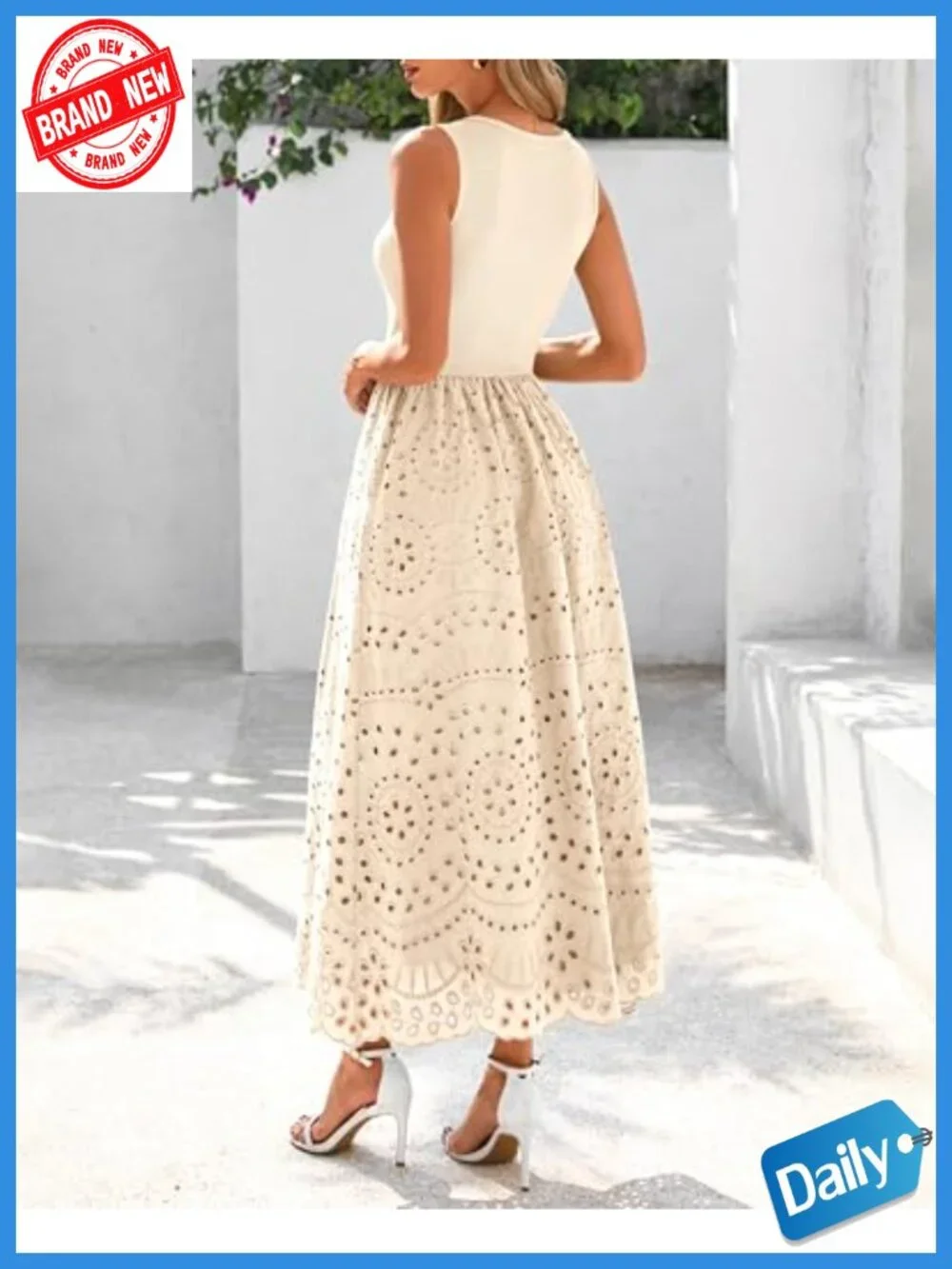 Sleeveless Crewneck A-Line Boho Lace Eyelet Cotton Tank Maxi Dress with Pockets